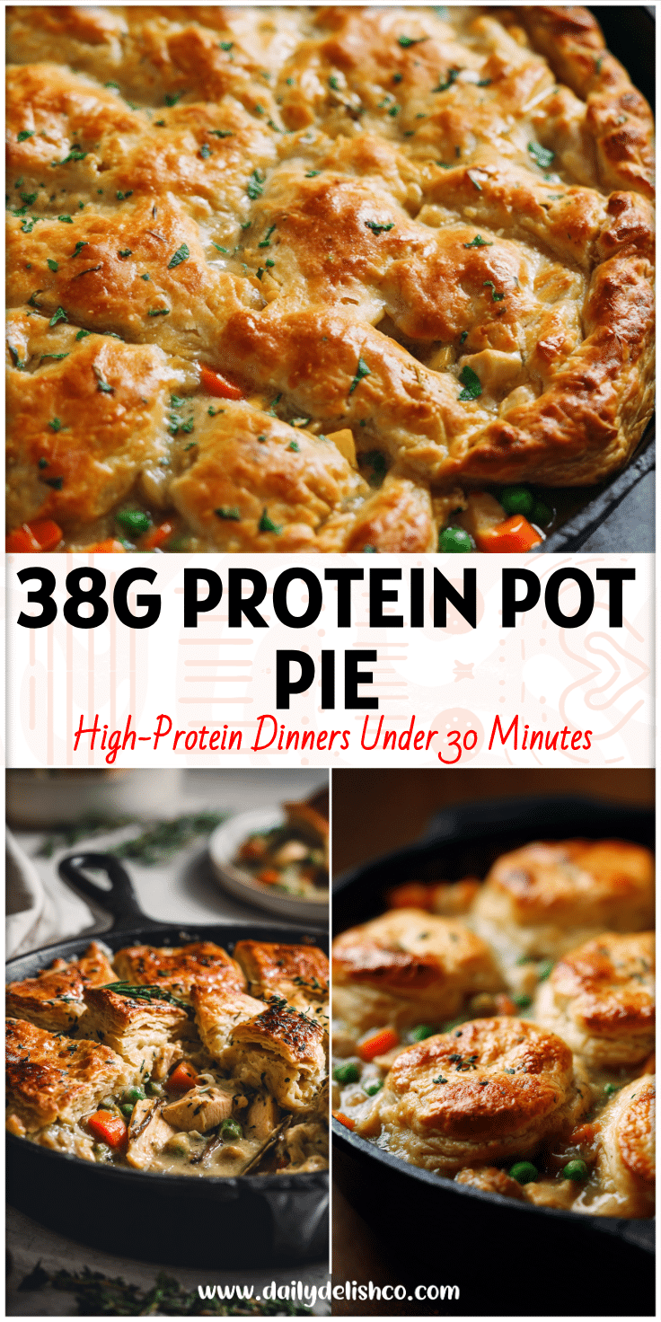 Golden one pot chicken pot pie skillet with veggies, a comforting Easy Fall Healthy Dinner and Hearty Meal Idea.